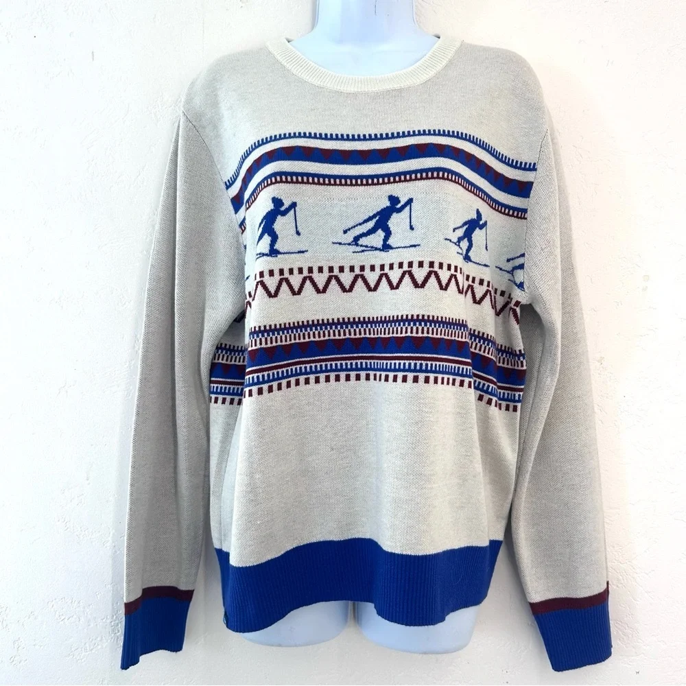 Kavu Hillrose Women's White and Blue Retro Ski Patterned Sweater XL NWT